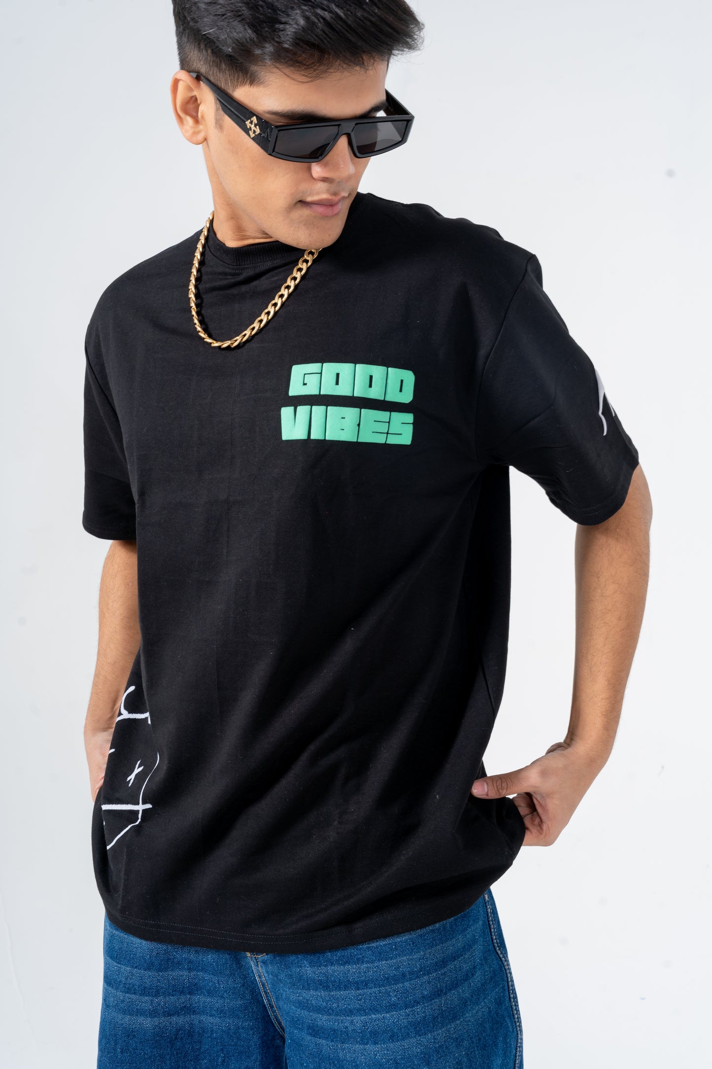 Black Classic Oversized T-Shirt with Good Vibes Print (Front Only)